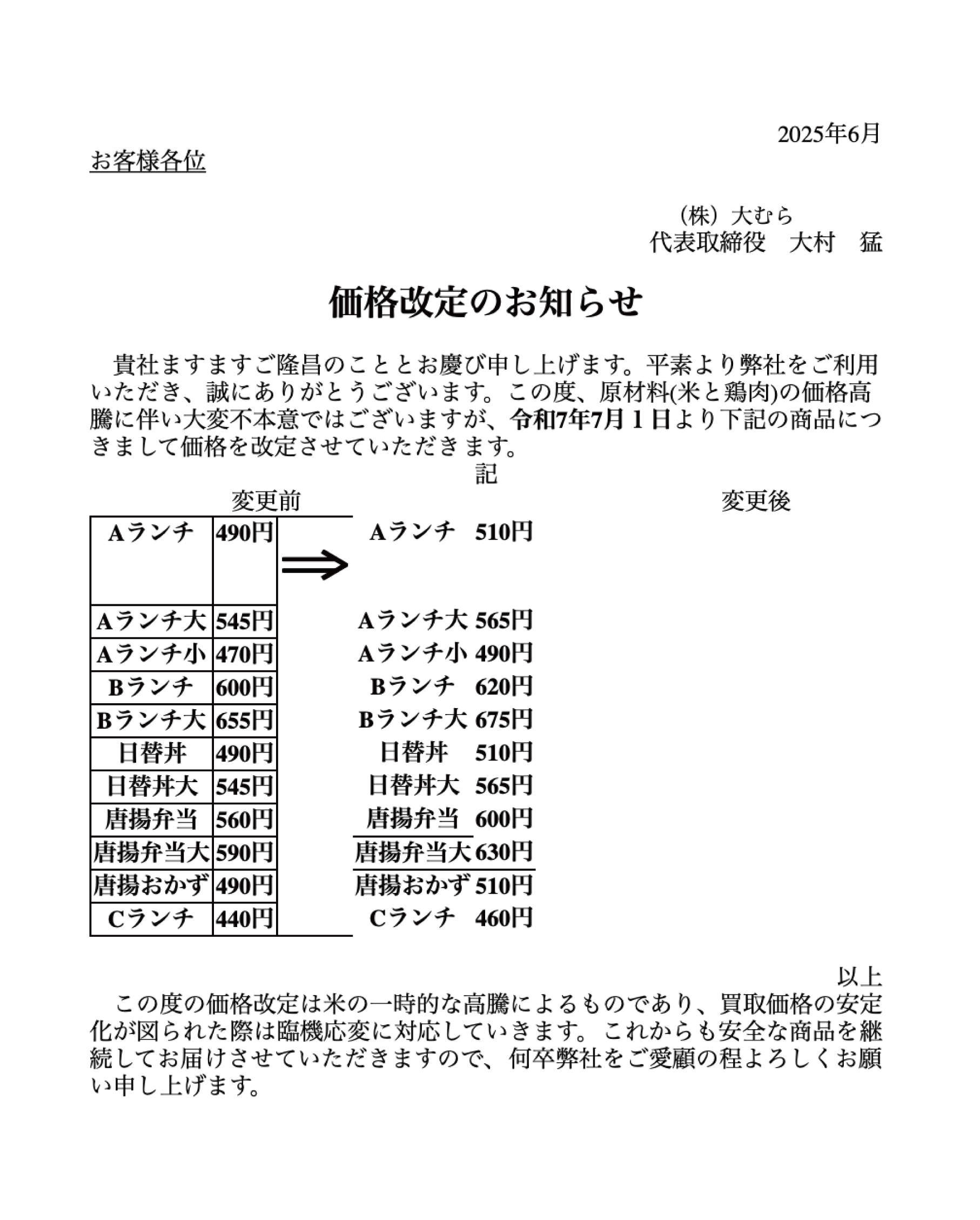 価格改定のお知らせ 価格改定のお知らせ